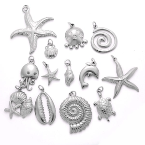 Polished stainless steel sea life charms set including starfish shells and sea horses