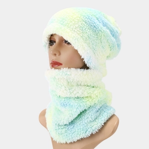 Detail of yellow, green, and blue tie-dye thick teddy plush winter hat and neck warmer set