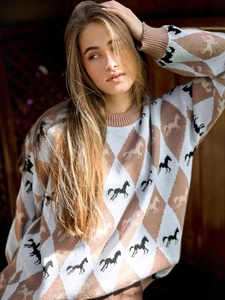 Women round neck knit sweater featuring classic argyle and horse jacquard patterns