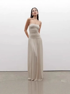 Strapless Ruched Maxi Dress Polyester Backless Off The Shoulder High Waist Elegant Summer Party Gown For Women