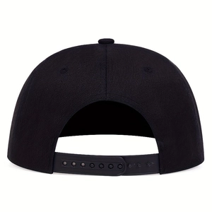 Rear view of black adjustable snapback baseball cap with durable twill fabric