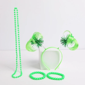 Detailed four-piece St. Patrick's Day set with neon green beaded necklace, bracelets, and headband
