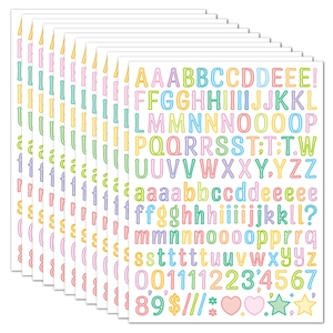 Close-up of colorful waterproof alphabet and number stickers for DIY scrapbook decoration