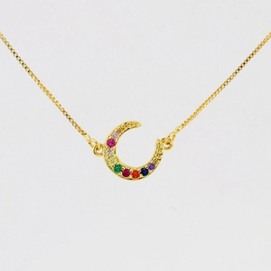 Luxury Copper Crescent Moon Necklace Gold Plated Rainbow Zirconia Inlaid Geometric Pendant Necklace For Women Fashion Jewelry