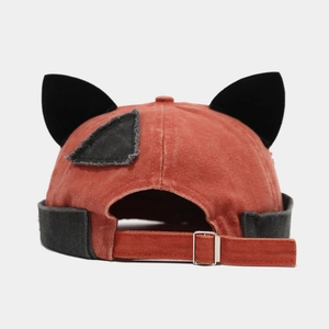 Rear view of vintage washed brimless docker cap with cute fox ears and adjustable buckle