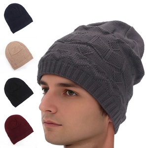 Men Knit Beanie Hat Acrylic Winter Warm Fleece Lined Slouchy Windproof Outdoor Cycling Diamond Pattern Geometric