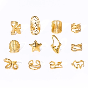 Set of 12 18k gold plated stainless steel rings with star shell and geometric shapes