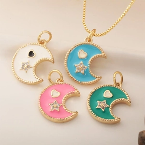 Moon Star Pendant Necklace Copper 18K Gold Plated Enamel Heart Zircon Dainty Jewelry Individual For Women