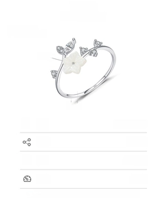 Detailed view of adjustable S925 sterling silver ring with shell camellia and zircon leaves
