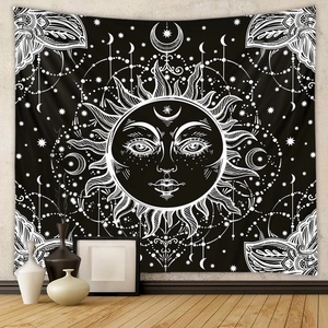Sun Moon Star Celestial Tapestry Black White Polyester Wall Hanging Bohemian Mystic Mandala Art Bedroom Living Room Decor