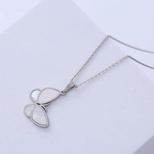 Minimalist titanium steel butterfly necklace with white mother of pearl inlay on stone