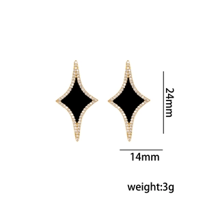 Gold-trimmed geometric rhombus earrings with black inlay and small crystals, 24mm size