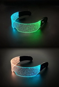 Macro view of LED glowing glasses featuring multicolor gradient lights and futuristic textures