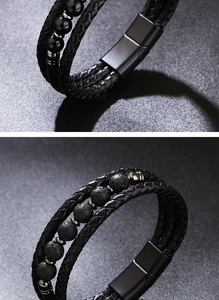 Close-up of men's double-layer braided leather bracelet with lava beads and magnetic clasp