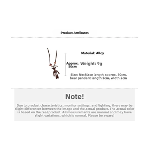 Detailed view of bear pendant necklace showing alloy material specs and 50cm chain length