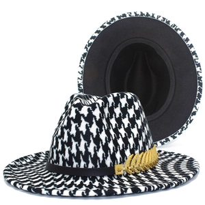 Vintage Double Sided Houndstooth Cotton Polyester Fedora Hat For Men Women Fashion Jazz Hat With Gold Leaf Buckle Warm Cap