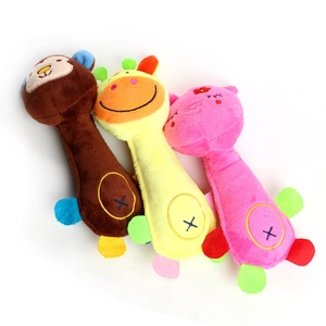 Plush animal squeaky toys for pets including brown monkey, yellow giraffe, and pink pig