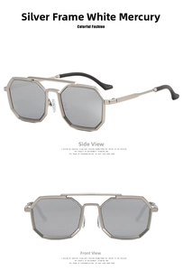Front and side views of steampunk octagonal sunglasses with silver mirrored lenses