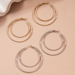 Minimalist double layer geometric hoop earrings in polished gold and silver metal finishes