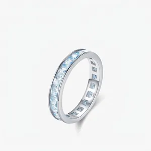 925 Sterling Silver Eternity Ring Light Blue Square Zirconia Minimalist Stackable Band For Women Elegant Jewelry Gift