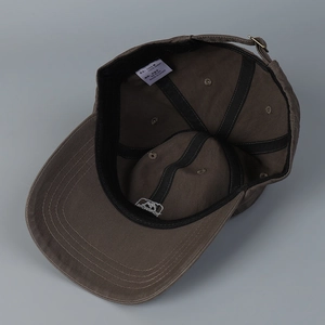 Deep brown cotton baseball cap with letter embroidery and adjustable metal buckle strap
