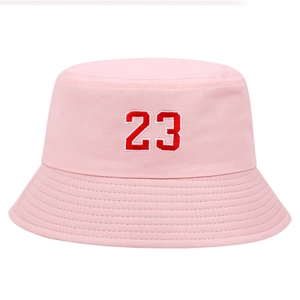 Pink bucket hat with embroidered number 23, summer stylish outdoor cotton sun hat