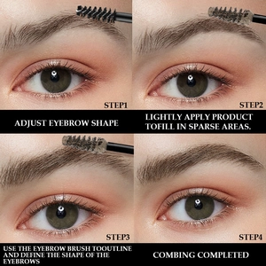 Four-step tutorial showing how to apply waterproof brow gel with a spiral brush