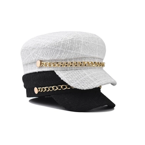 Women Vintage Newsboy Cap Tweed Fiddler Hat With Golden Chain Retro British Style Autumn Winter Beret