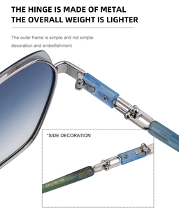 Detail of metal hinge construction and temple specifications on square frame sunglasses