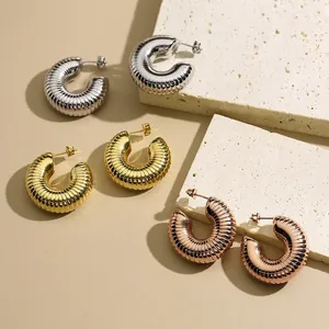Stainless Steel C-Shaped Hoop Earrings 18K Gold Plated Ribbed Screw Thread French Style Geometric Jewelry For Women