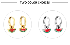 Close-up of cute watermelon slice drop earrings in polished gold and silver finishes
