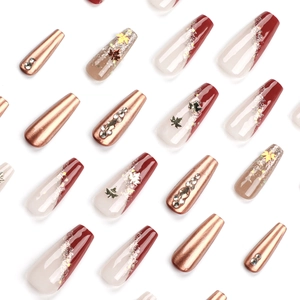 Autumn maple leaf press-on nails with sparkling rhinestones and burgundy gradient coffin shape