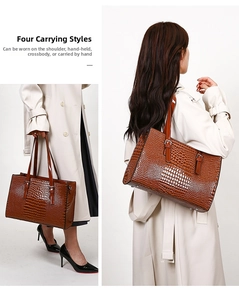 Detail of brown crocodile embossed tote bag showing adjustable straps and dual carrying ways