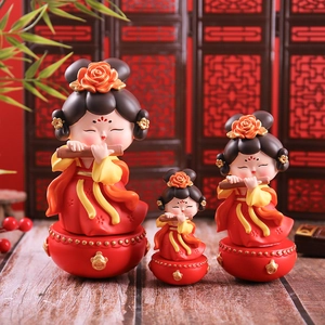 Three Tang Dynasty lady figurines in red and yellow for Chinese style desk decoration