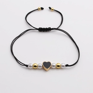Adjustable black woven heart bracelet with pearls and gold beads for women