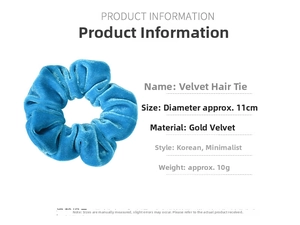 Detail view of a bright blue velvet scrunchie with 11cm diameter and 10g weight