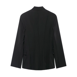Back view of black slim fit blazer with structured shoulders and tailored seams