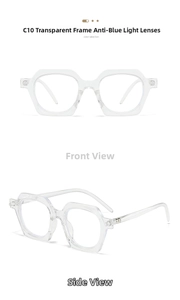 Detail view of transparent polygon frames with blue light blocking lenses from two angles
