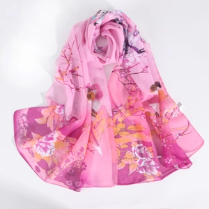 Pink chiffon scarf with gradient flower and bird print for women, soft artistic style
