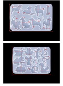 Size guide for DIY silicone molds featuring dog and small animal resin pendant shapes