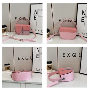 Multi-angle views of pink PU leather and straw crossbody bag with metal buckle