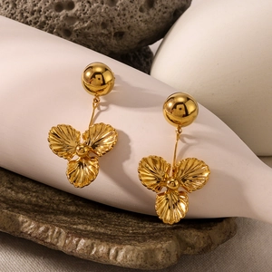 18k gold plated stainless steel hemisphere triple petal flower dangle earrings on stone