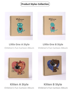 Close-up of four 6-inch cartoon DIY scrapbooks with spiral binding and kraft covers