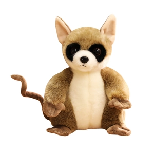 Cute plush lemur toy with large eyes and striped tail on a clean white background