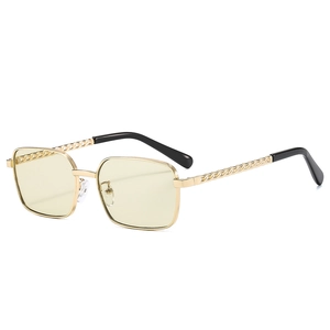 Vintage small square metal sunglasses with yellow lenses and unique chain temple design