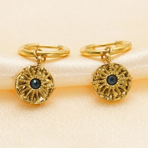 Sunburst Pendant Hoop Earrings 18K Gold Plated Stainless Steel Blue Stone Retro Celestial Fashion Women