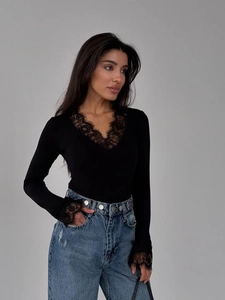 Slim fit black long sleeve lace knit top with elegant V-neck and delicate trim details