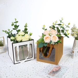 Square gift bags with transparent PVC windows and handles for flower and cake packaging