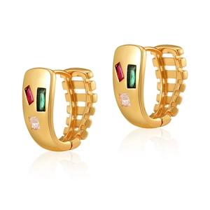 18K gold plated brass huggie earrings with colorful zircon stones and textured side