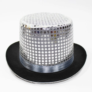 Sparkly silver sequined top hat with satin ribbon for stage performance and parties